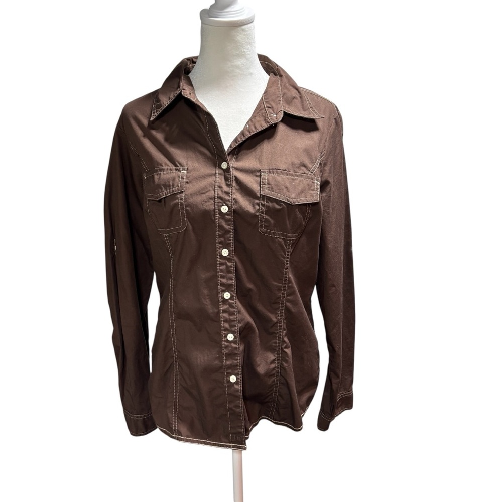 Tommy‎ Hilfiger Brown Button Down Shirt Contrast Stitch Utility Blouse Med  #681